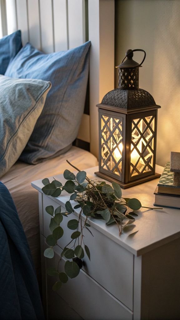 Vertical 9:16 aspect ratio amateur photo from reddit, taken with an iPhone 15 pro, detailed view of a lantern-lit nightstand with indigo bedding and eucalyptus