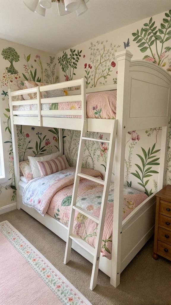 a garden-themed bunk bed with floral wallpaper, climbing vines, and pastel accents.