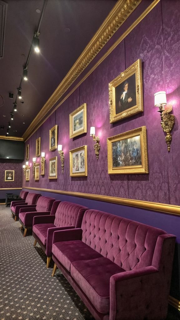 Vertical 9:16 aspect ratio amateur photo from reddit, taken with an iPhone 15 pro, detailed view of a purple accent wall with gold frames and velvet seating