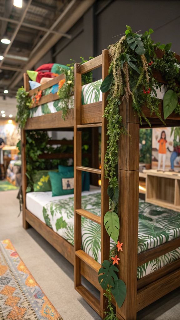 an urban jungle themed bunk bed with lush greenery, natural wood, and pops of color.