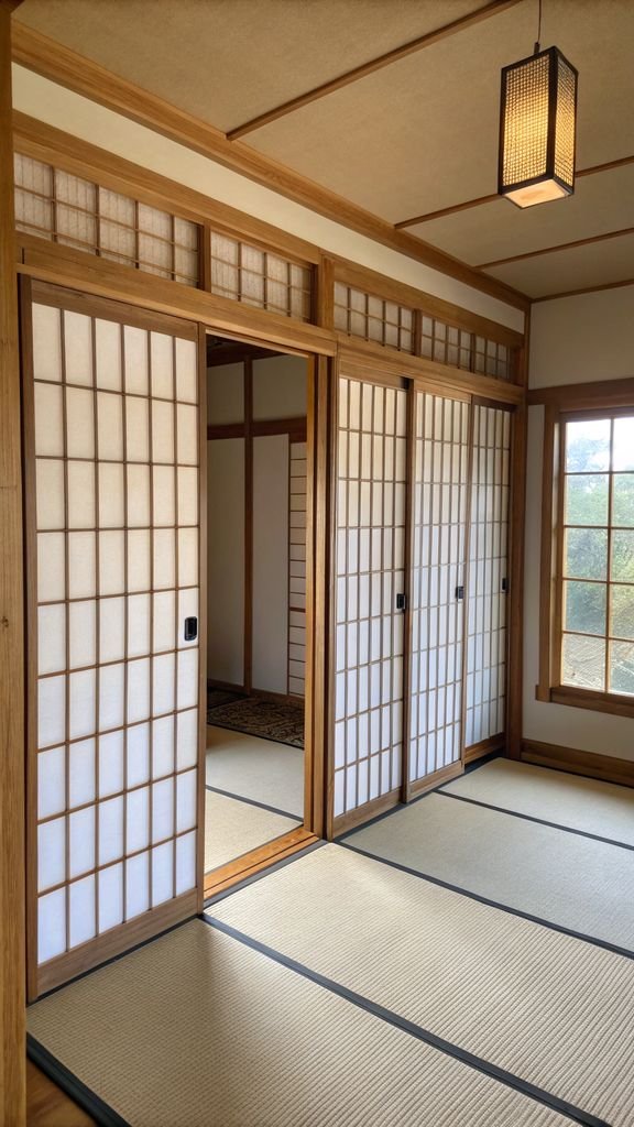 sliding shoji screens in a Japandi bedroom
