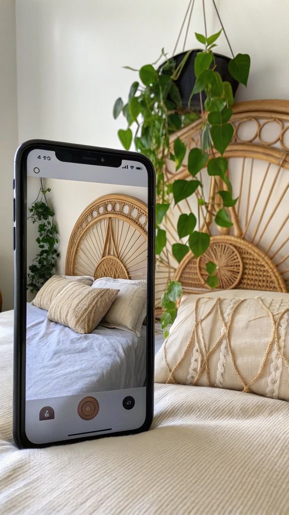 Vertical 9:16 aspect ratio amateur photo from reddit, taken with an iPhone 15 pro, detailed view of a rattan headboard, neutral bedding, and hanging plant