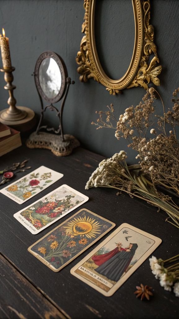 Vertical 9:16 aspect ratio amateur photo from reddit, taken with an iPhone 15 pro, detailed view of tarot art, a vintage mirror, and dried flowers on a dark wall