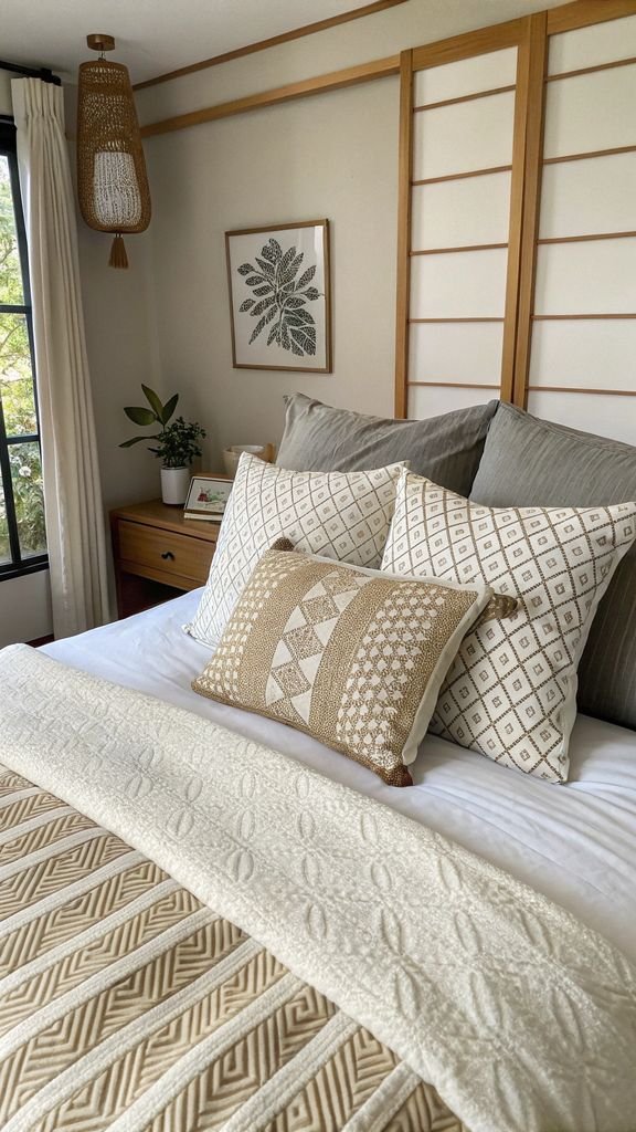 textured throw pillows on a bed in a Japandi bedroom