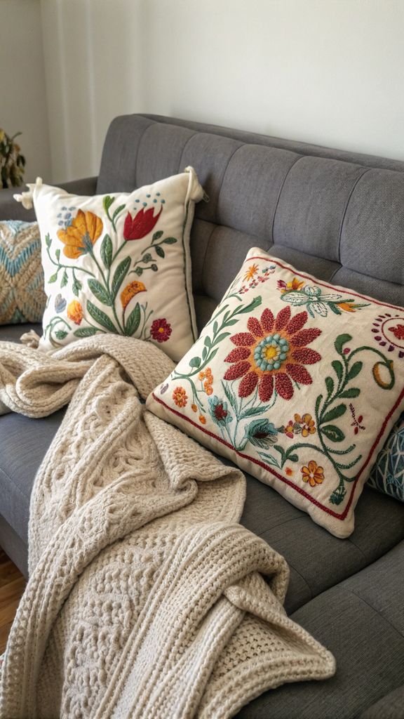 Vertical 9:16 aspect ratio amateur photo from reddit, taken with an iPhone 15 pro, detailed view of embroidered pillows on a gray sofa bed with a knit blanket