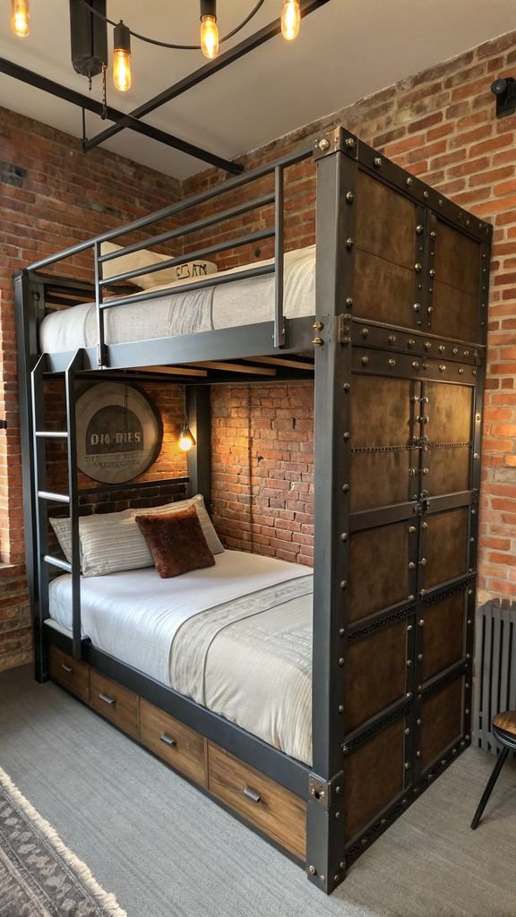 an industrial chic bunk bed with metal accents, exposed brick, and vintage décor.